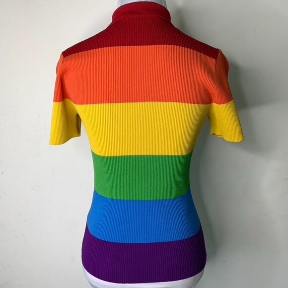 Rokh Women's Rainbow Short Sleeve Ribbed Collared Shirt Top Size Medium - Picture 9 of 12